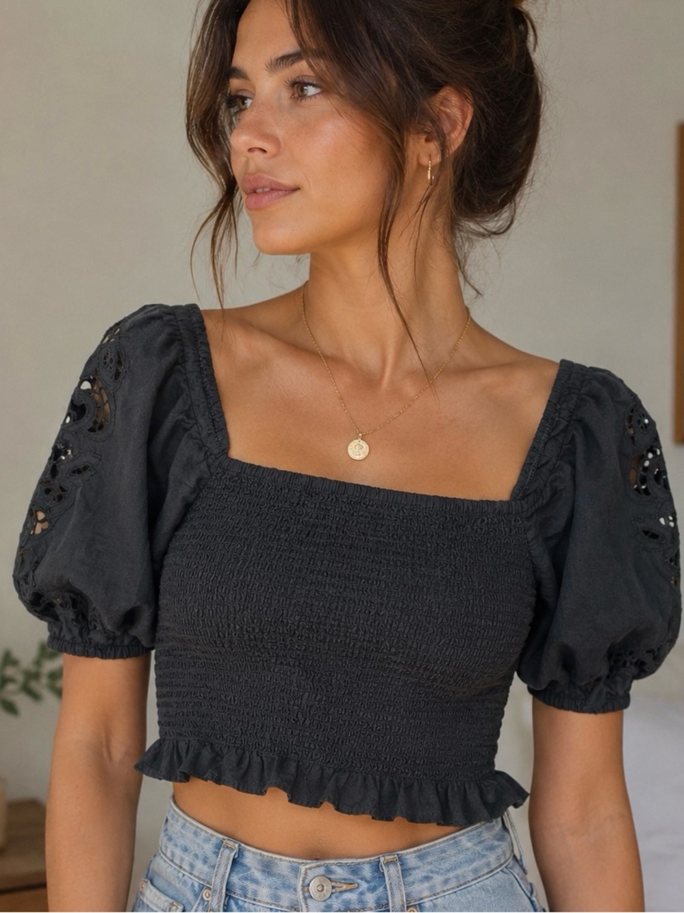 Smocked Square-Neck Puff Sleeve Crop Top - Black